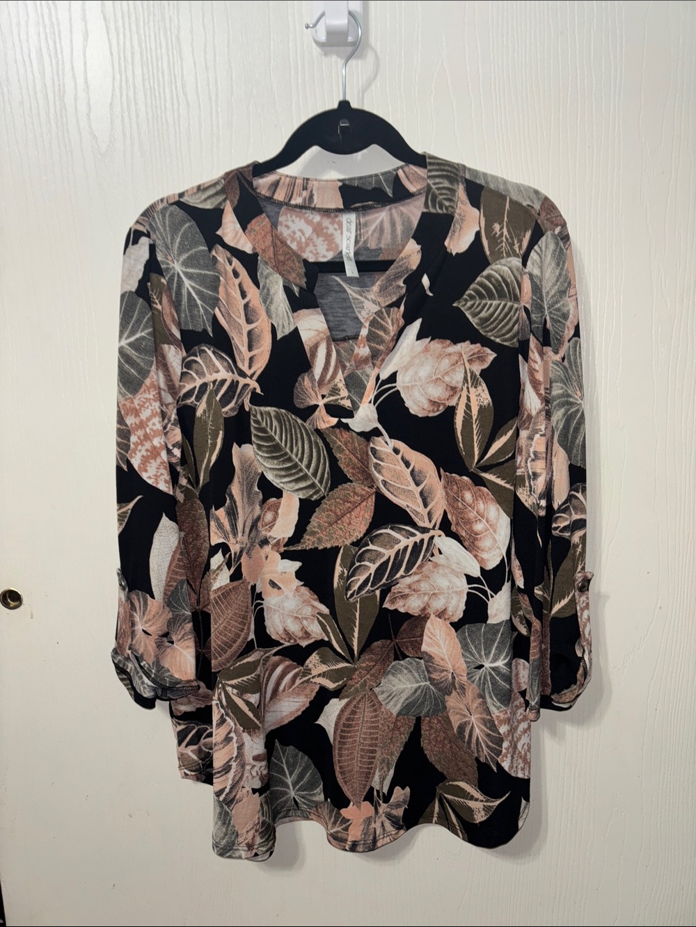 Black Floral V-Neck Blouse with Neutral Leaf Print